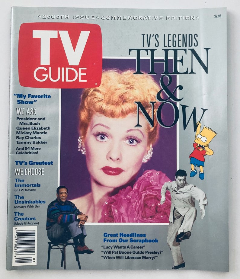 TV Guide Magazine 1991 Lucy Ball 2000th Issue Commemorative Edition featuring iconic television moments, illustrations of TV legends, and notable figures, showcasing a nostalgic representation of television history.