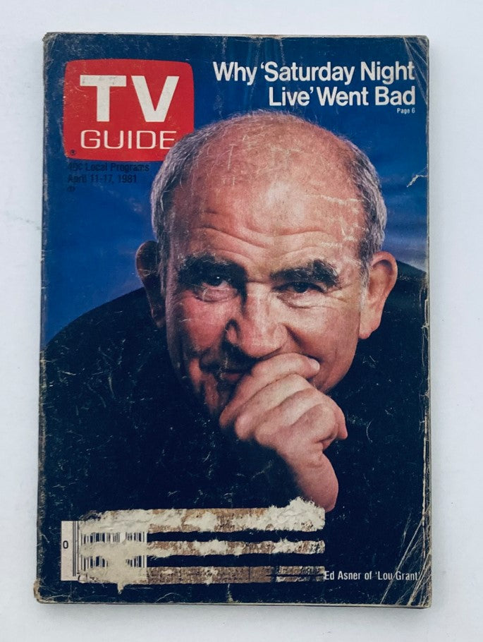 TV Guide Magazine cover from April 11, 1981, featuring Ed Asner with a thoughtful expression, highlighting the article 'Why ‘Saturday Night Live’ Went Bad'.