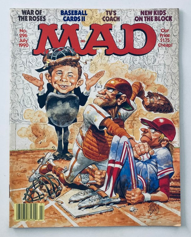 Cover of Mad Magazine July 1990 No. 296 featuring Baseball Cards II and TV's Coach with humorous illustrations and vibrant colors.
