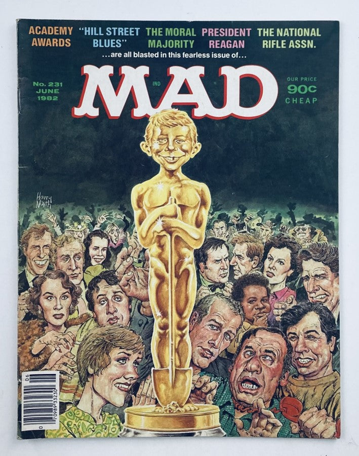 Cover of Mad Magazine June 1982 No. 231 showcasing a satirical illustration of an award ceremony with an Oscar statue in the center and caricatures of celebrities in the background, reflecting the humor and charm of the 80s.