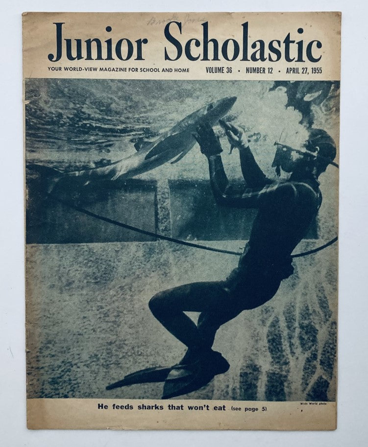 VTG Junior Scholastic Magazine April 27 1955 Cover featuring a diver feeding a shark, showcasing mid-20th century marine life themes.