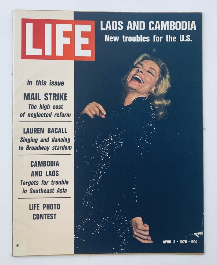 Vintage Life Magazine April 3 1970 featuring Lauren Bacall on the cover, showcasing an article about her Broadway stardom.