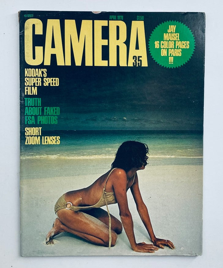 Camera 35 Magazine April 1978 cover featuring a model on the beach, emphasizing short zoom lenses, Kodak's super speed film, and highlights on Paris photography.