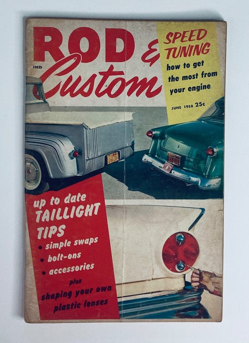 VTG Rod & Custom Magazine June 1958 cover featuring classic cars and article highlights such as 'Shaping Your Own Plastic Lenses' and 'Speed Tuning'.