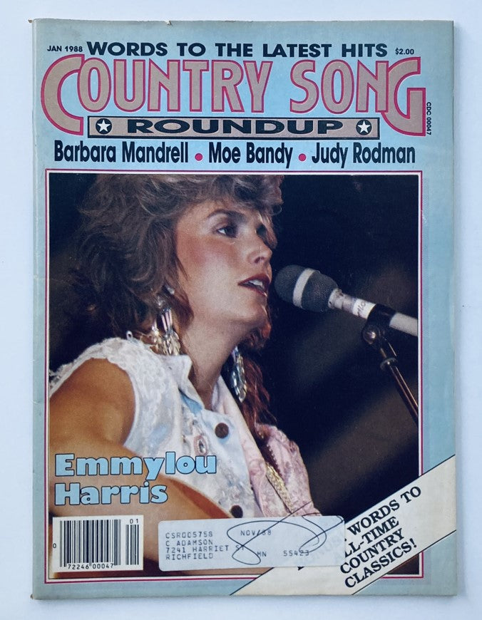 Cover of the January 1988 issue of Country Song Roundup featuring Emmylou Harris, Moe Bandy, and Barbara Mandrell. This vintage magazine showcases country music artists and hits from the late 1980s.