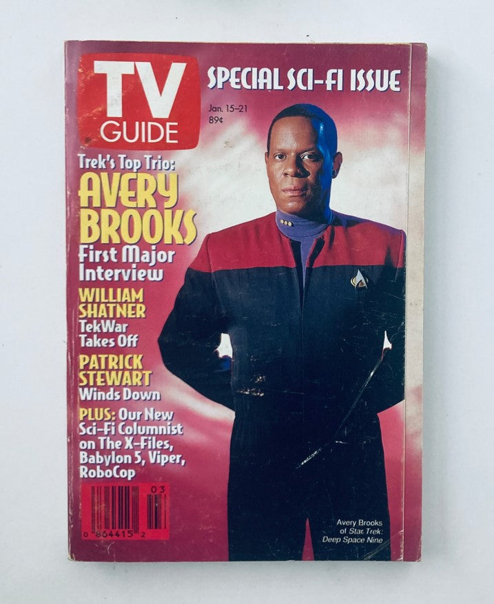 Cover of TV Guide Magazine January 15 1994 featuring Avery Brooks, labeled as a Special Sci-Fi Issue. The cover includes promotional text about interviews with William Shatner and Patrick Stewart, highlighting noteworthy sci-fi content.