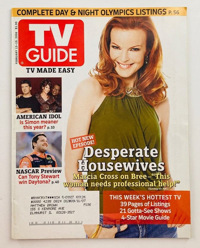TV Guide Magazine February 13, 2006 featuring Marcia Cross on the cover, promoting Desperate Housewives and highlighting major television events.