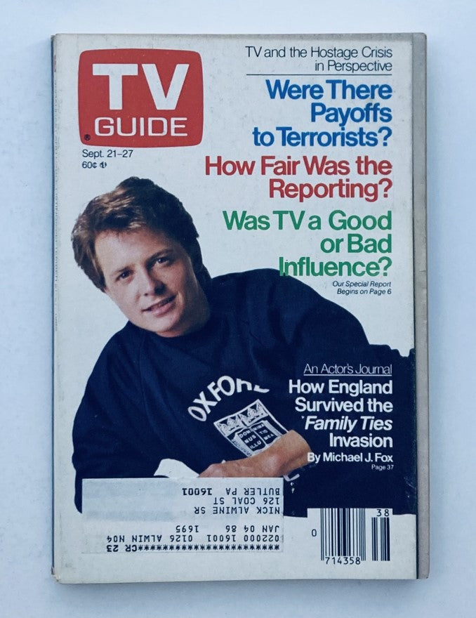 Cover of TV Guide Magazine from September 21, 1985 featuring Michael J. Fox, with coverage on TV influence and special reports.