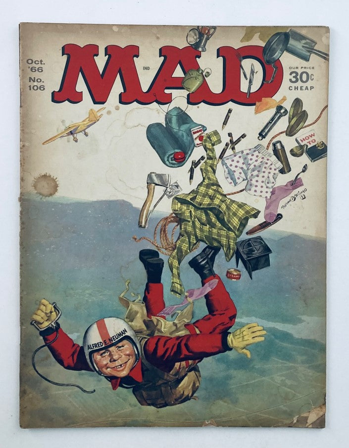 Mad Magazine October 1966 No. 106 featuring a colorful cover illustration depicting a character in a parachute, humorous elements related to air travel, and vintage style design. Ideal for collectors of nostalgic magazines.
