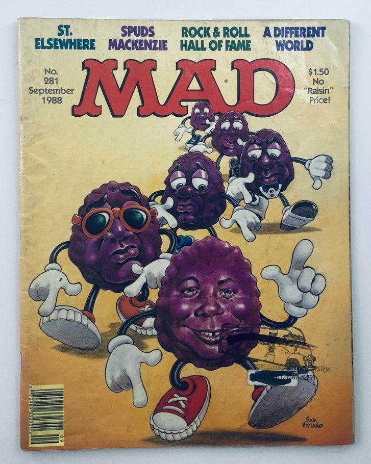 Cover of Mad Magazine September 1988 No. 281 featuring characters shaped like raisins, promoting humor and satire in vintage magazines. This issue titled 'St. Health Scare 2.0' is a collectible piece displaying classic Mad illustrations.