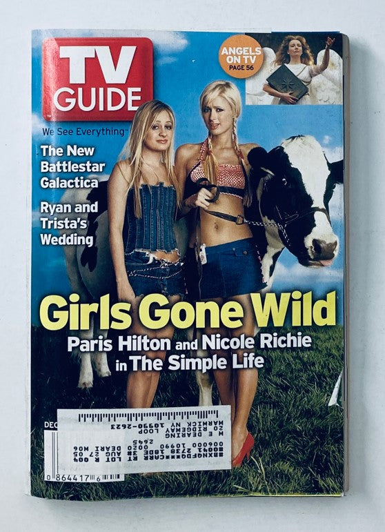 TV Guide Magazine December 6 2003 featuring Paris Hilton and Nicole Richie on the cover with a cow, iconic representation of early 2000s pop culture.