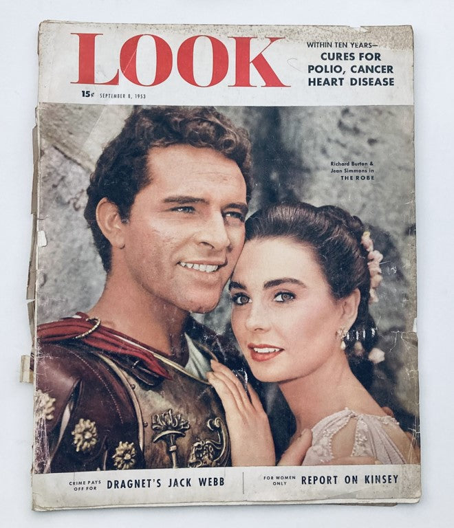 Cover of VTG Look Magazine from September 8, 1953 featuring Richard Burton and Jean Simmons. The magazine highlights classic Hollywood cinema from the 1950s with vibrant photography and captivating cover art.