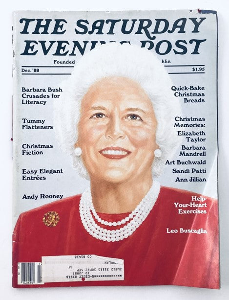 Cover of the Saturday Evening Post Magazine from December 1988 featuring Barbara Bush, an iconic portrait created by artist Lucian Lupinski, capturing the spirit and nostalgia of the late 1980s.