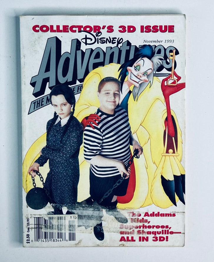 Cover of Disney Adventures Magazine, November 1993, featuring Christina Ricci and Jimmy Workman, depicted as young icons from The Addams Family, alongside a colorful cartoon character, showcasing nostalgia and classic Disney elements.