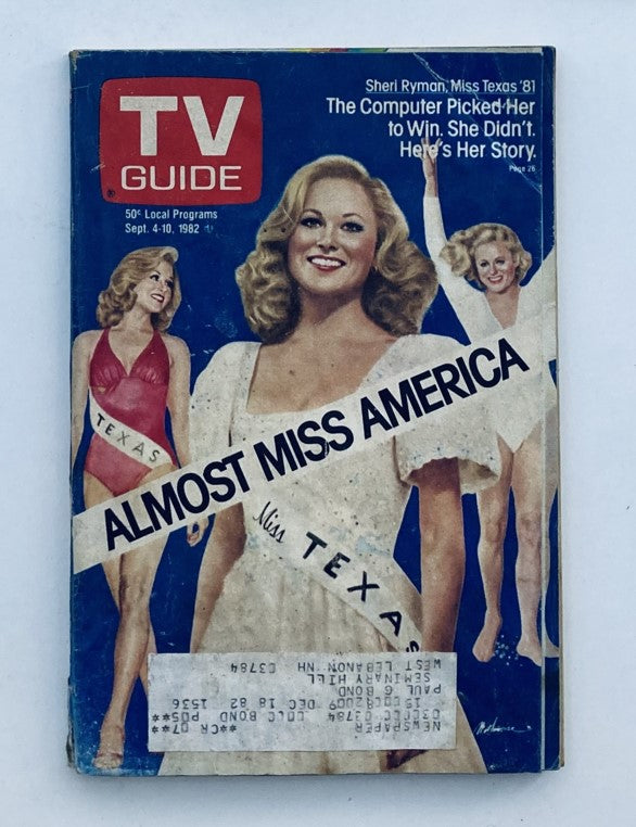 Cover of TV Guide Magazine from September 4, 1982 titled 'The Computer Picked Her New Hampshire Ed.' featuring Sheri Ryman, Miss Texas '81, and the headline 'Almost Miss America' with a vibrant blue background and iconic TV Guide logo.
