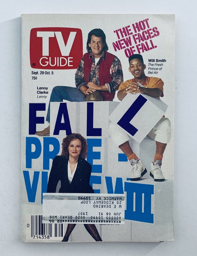 Cover of TV Guide Magazine from September 29, 1990 featuring Will Smith and Lenny Clarke, showcasing the title 'The Hot New Faces of Fall'. The cover highlights 'Fall Preview' with vibrant graphics and includes references to popular shows of the time.