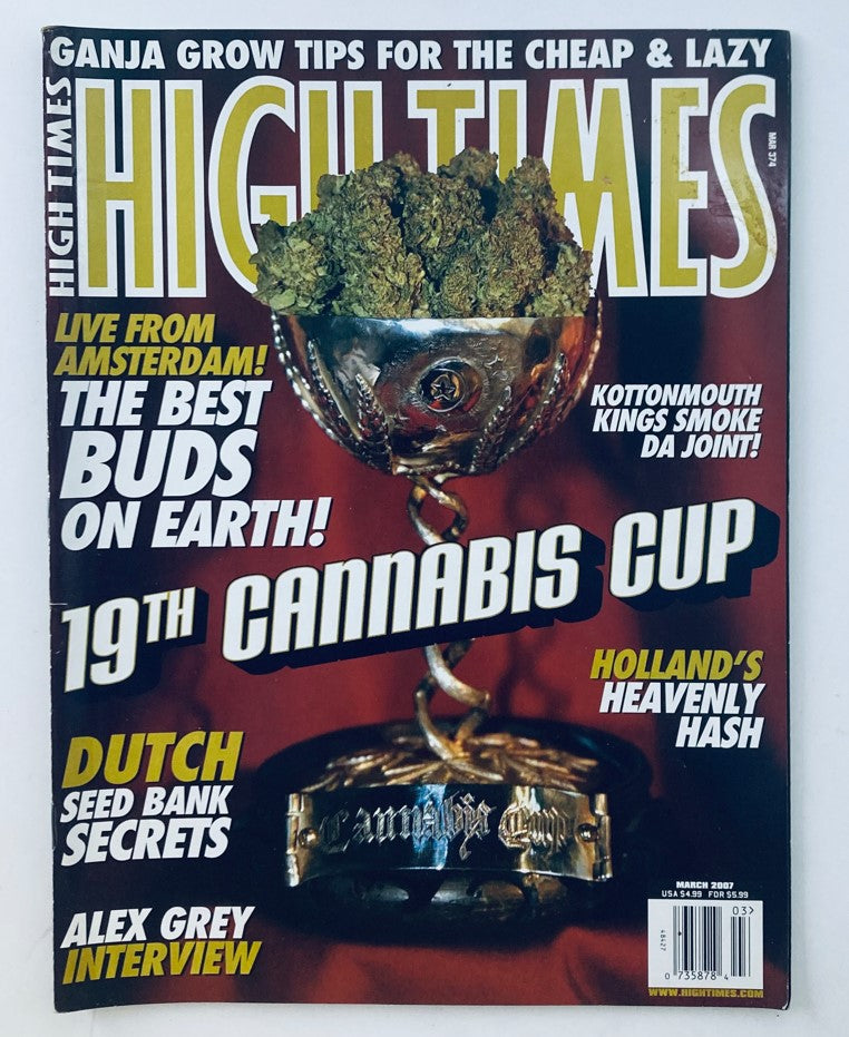 Cover of High Times Magazine March 2007 featuring the Kottonmouth Kings, showcasing a cannabis-themed trophy filled with marijuana, celebrating the 19th Cannabis Cup.