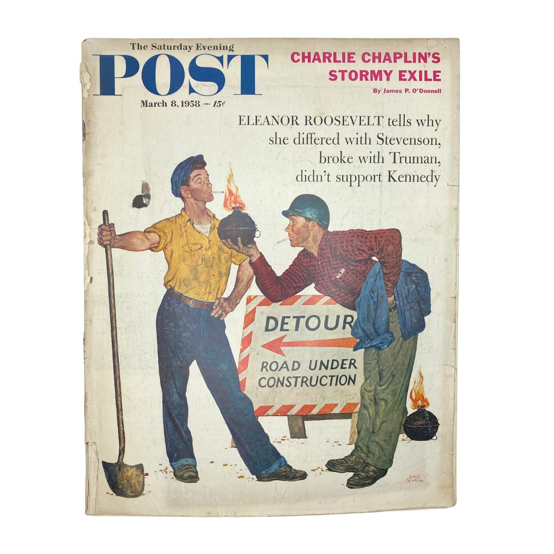 Cover of the Saturday Evening Post Magazine from March 8, 1958, featuring the article 'Kerosene Bomb' by Sewell. The cover illustrates two workers with a kerosene bomb in front of a detour sign.