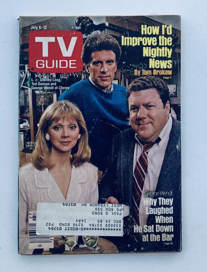 TV Guide Magazine July 6 1985 featuring Ted Danson and Shelley Long. Cover includes an article about improving the nightly news by Tom Brokaw.