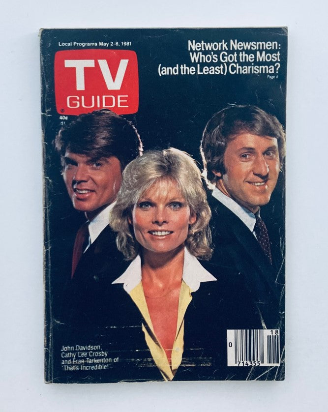 Cover of TV Guide Magazine May 2 1981 featuring John Davidson, Cathy Lee Crosby, and an article about network news charisma.