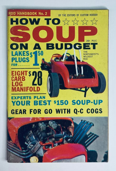 Cover of VTG Rod Handbook No. 2, 1961, featuring 'How to Soup on a Budget' with an illustration of a red car, highlighting budget-friendly tips for enhancing fishing gear.