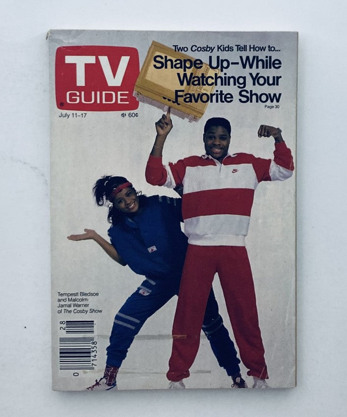 TV Guide Magazine July 11 1987 featuring Malcolm-Jamal Warner and Tempest Bledsoe in colorful athletic outfits. The cover promotes health tips while watching favorite TV shows.