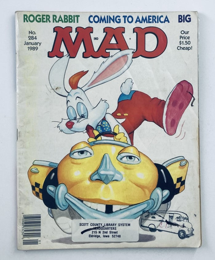 Cover of Mad Magazine January 1989 No. 284 featuring Roger Rabbit and a whimsical yellow taxi character, showcasing vibrant artwork and pop culture themes from the 1980s.