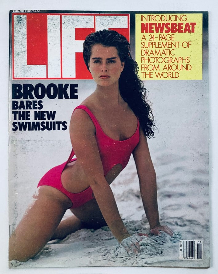 VTG Life Magazine February 1985 Cover featuring Brooke Shields in a pink swimsuit on the beach, highlighting mid-80s fashion and culture.