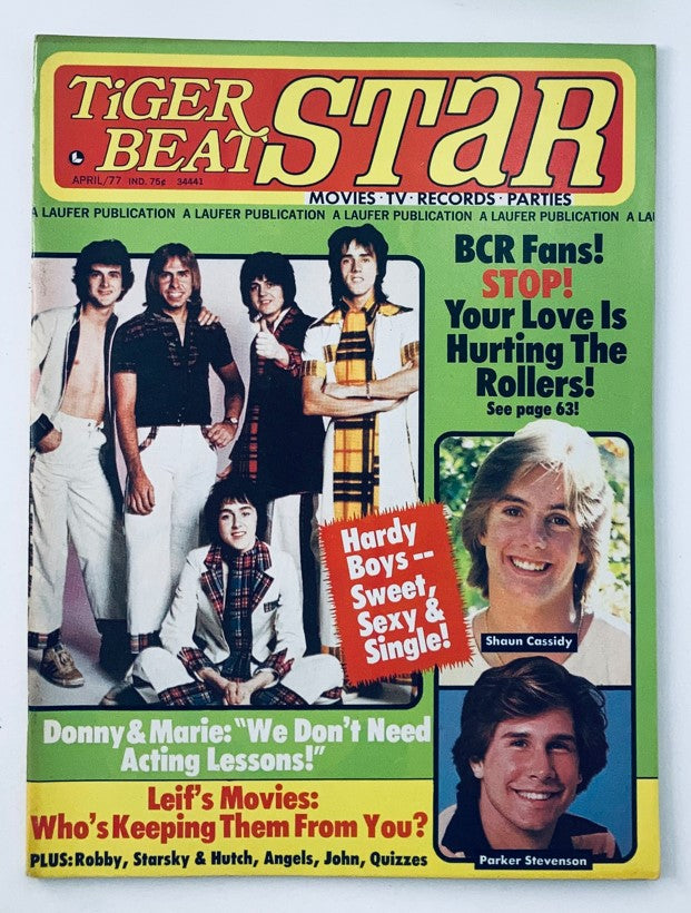 Cover of Tiger Beat Star April 1977 magazine featuring the Bay City Rollers and Shaun Cassidy, showcasing vibrant teen pop culture from the 1970s.