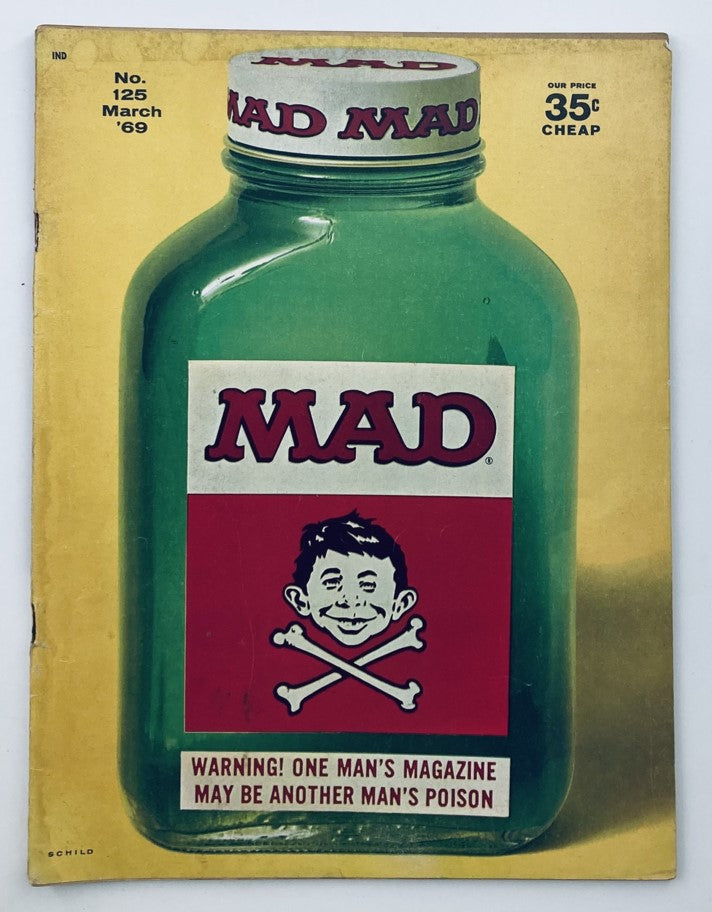 Cover of Mad Magazine March 1969 No. 125 featuring a green jar with the title 'MAD' on it, iconic for its unique design and humor.