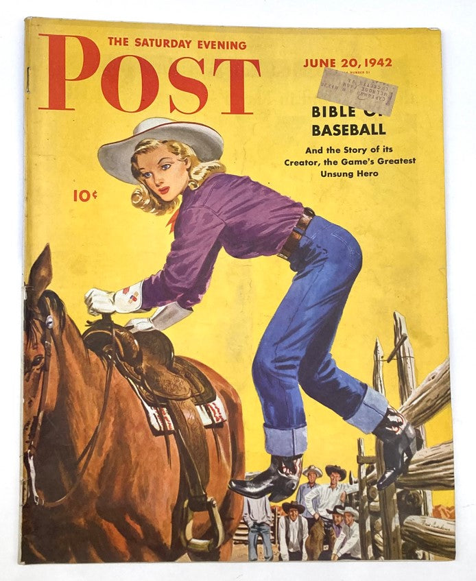 Saturday Evening Post Illustrated Cover June 20 1942 featuring a woman in cowgirl attire on a horse, symbolizing the spirit of baseball, labeled 'Bible of Baseball'.