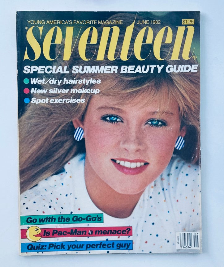 Cover of VTG Seventeen Magazine June 1982 titled 'Is Pac-Man A Menace?' featuring a blonde model with blue eyes and summer beauty tips.