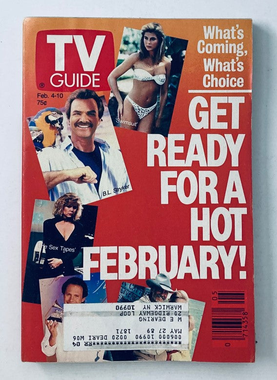 TV Guide Magazine February 4, 1989 cover featuring bold text announcing 'GET READY FOR A HOT FEBRUARY!' with images of celebrities and a swimming scene, reflecting 1980s television culture.