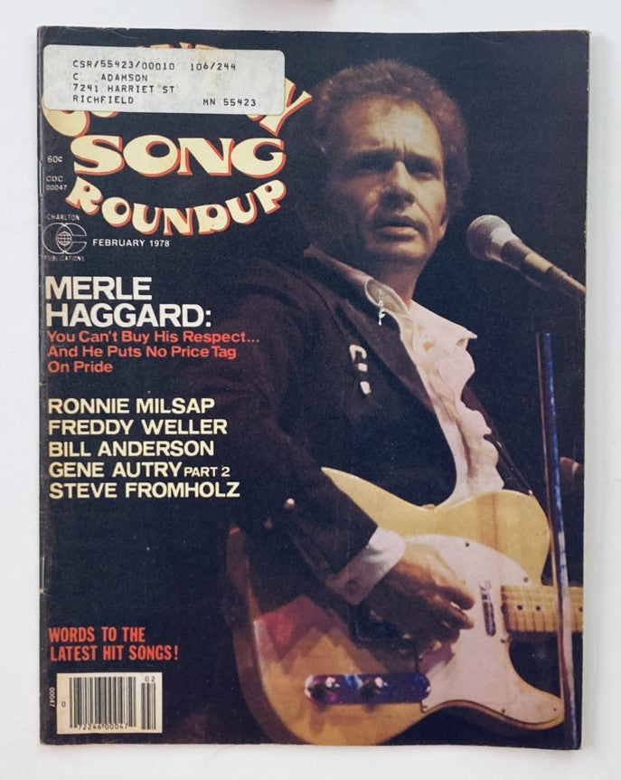 Cover image of the VTG Country Song Roundup Magazine from February 1978 featuring Merle Haggard performing with a guitar, along with articles on Ronnie Milsap and other country music artists.