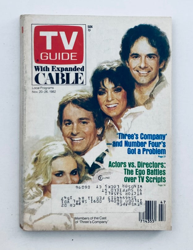 TV Guide Magazine from November 20, 1982 featuring the cast of 'Three's Company'. The cover highlights 'With Expanded Cable' and local programming for Hartford-New Haven. Perfect for collectors and fans of classic television.