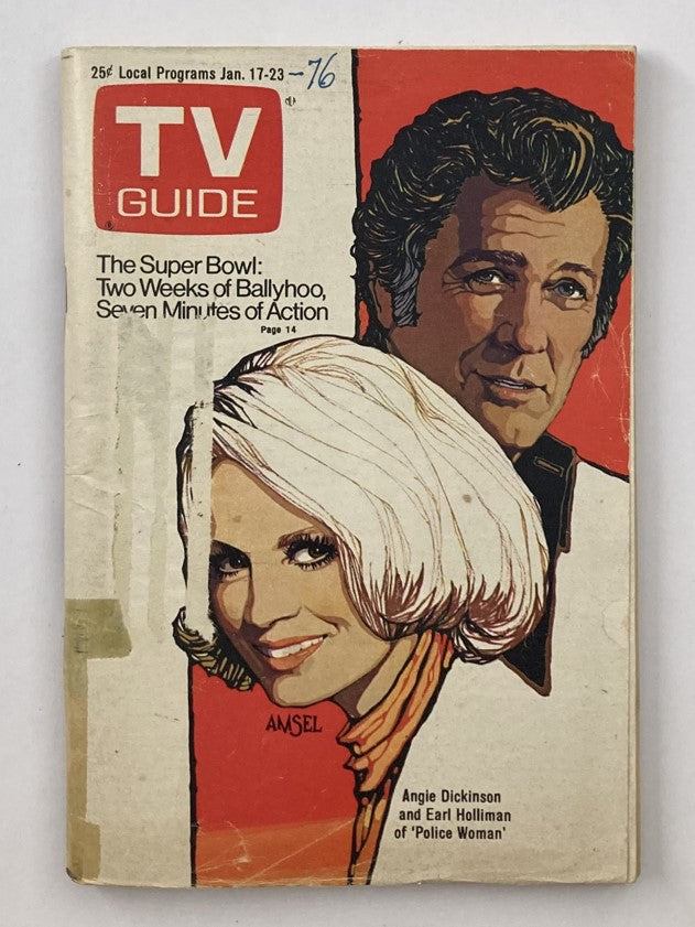 Cover of TV Guide Magazine January 17, 1976, featuring Angie Dickinson and Earl Holliman from 'Police Woman', illustrates the Super Bowl programming highlights.