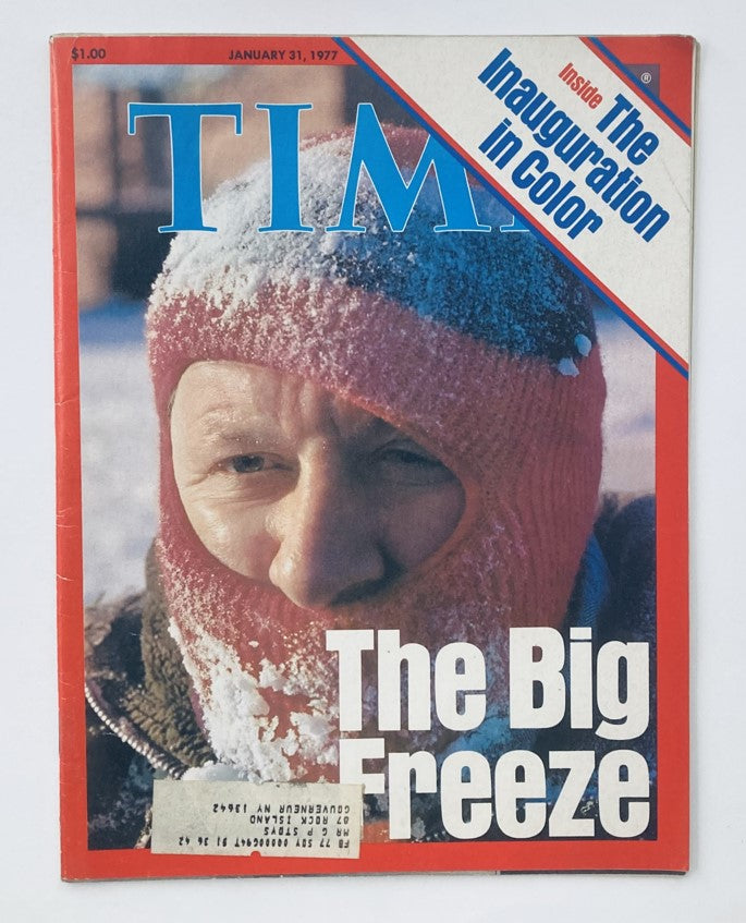 Cover of VTG Time Magazine January 31, 1977, featuring 'The Big Freeze' with a photograph of a person covered in snow, emphasizing the severe winter conditions in the United States.