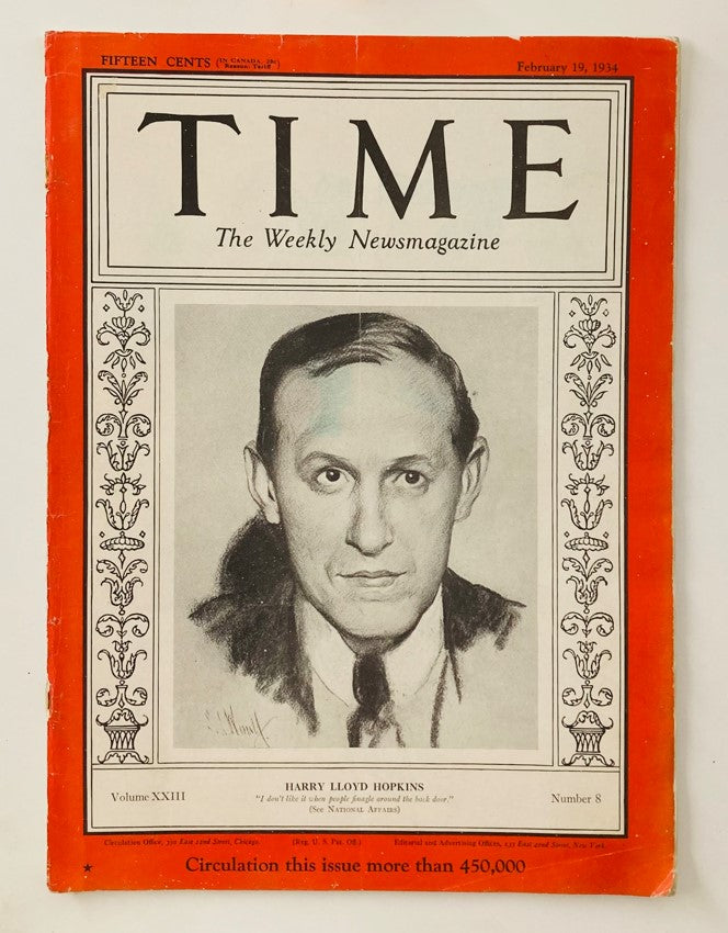 VTG Time Magazine February 19, 1934 featuring Harry Lloyd Hopkins on the cover, showcasing vintage design and historical significance.