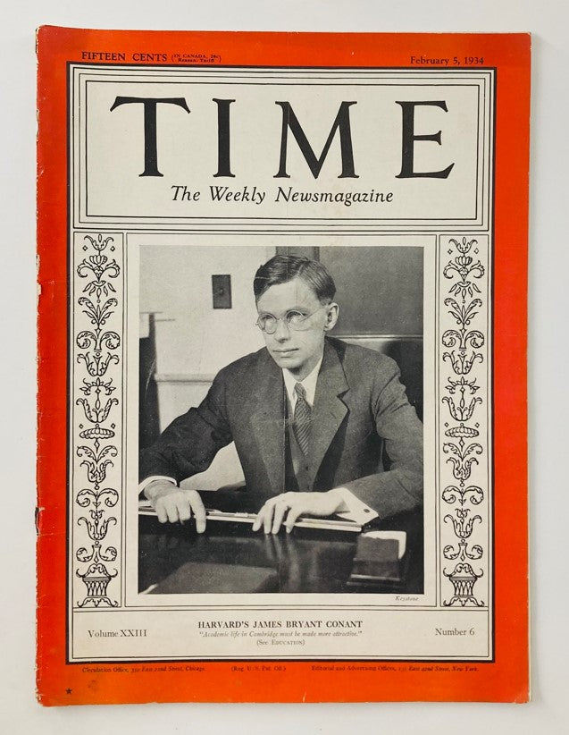 Vintage Time Magazine February 5 1934 featuring Harvard's James Bryant Conant on the cover, Volume 23 Number 6.