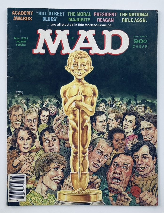 Cover of Mad Magazine June 1982 No. 231 featuring a humorous depiction of the Mad Academy Awards Show with a golden award statue and various caricatures of celebrities in attendance.
