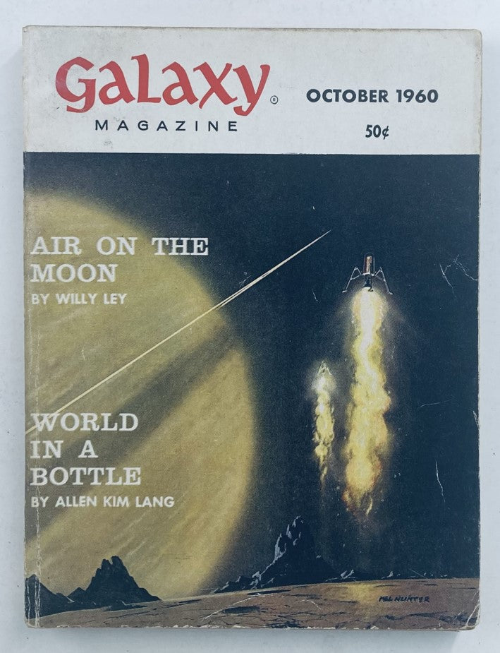 Cover of the Galaxy Science Fiction Magazine from October 1960, featuring the title 'Air On The Moon' by Willy Ley, with captivating artwork illustrating a space scene.