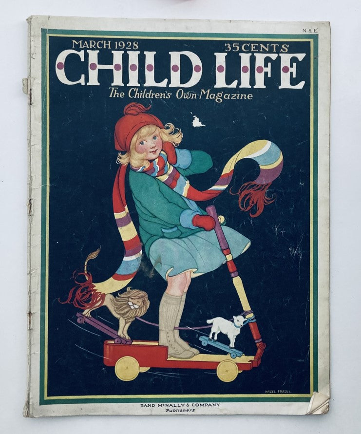 Cover of VTG Child Life Magazine March 1928, featuring a girl in a winter outfit on a scooter, surrounded by playful animals, themed 'The Magic Screen'.