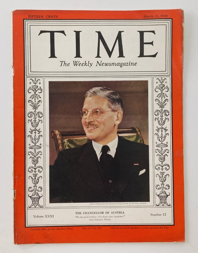 VTG Time Magazine March 21 1938 featuring Austria's Chancellor Kurt von Schuschnigg, highlighting historical events and political insights from pre-World War II Europe.