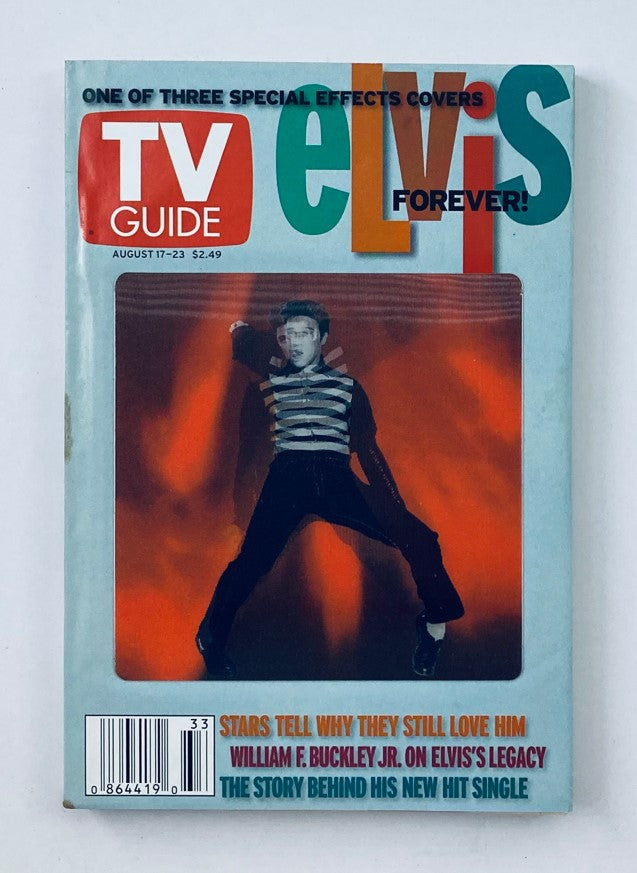 Cover of TV Guide Magazine from August 17-23, 2002 featuring Elvis Presley. The magazine includes headlines about Elvis's legacy and special effects. Perfect for collectors of television history.