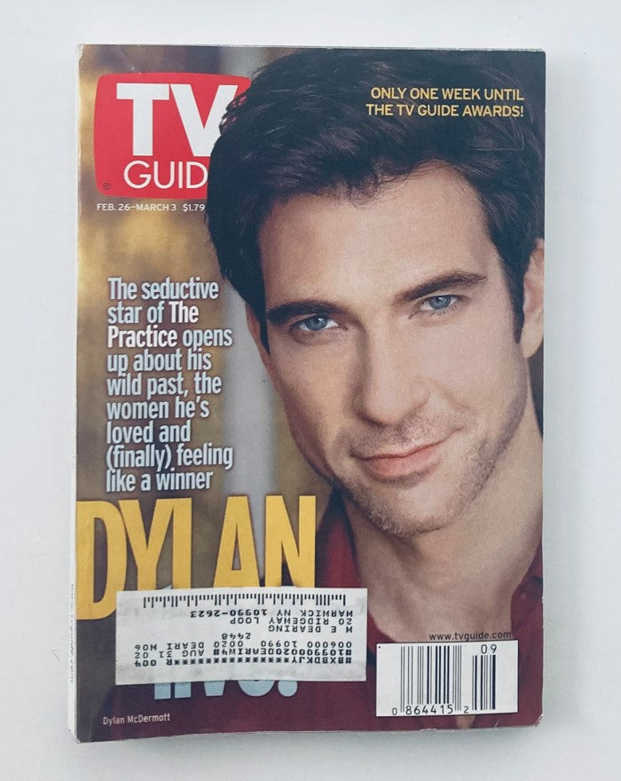 Cover of TV Guide Magazine dated February 26, 2000, featuring Dylan McDermott, the charismatic star of 'The Practice,' showcasing his captivating gaze and announcing his insights on love and past relationships.