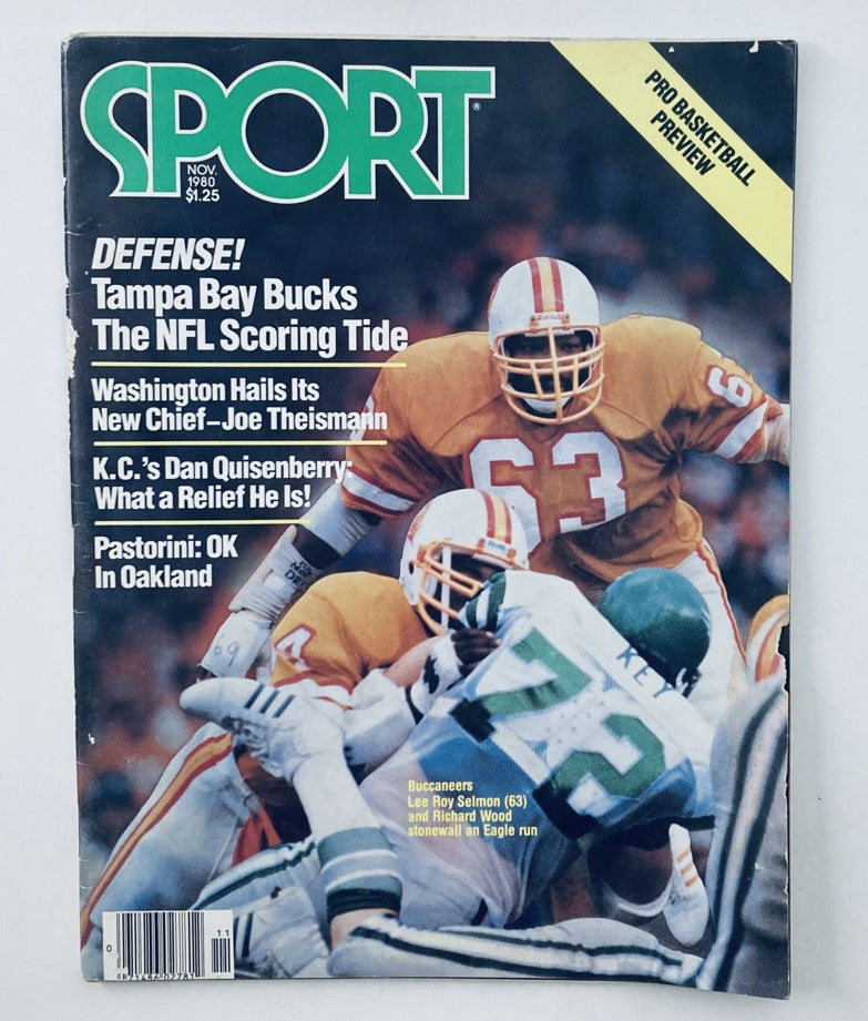 Cover of the Sport Magazine November 1980 featuring Lee Roy Selmon and Richard Wood, highlighting NFL defenses and sports culture of the era.