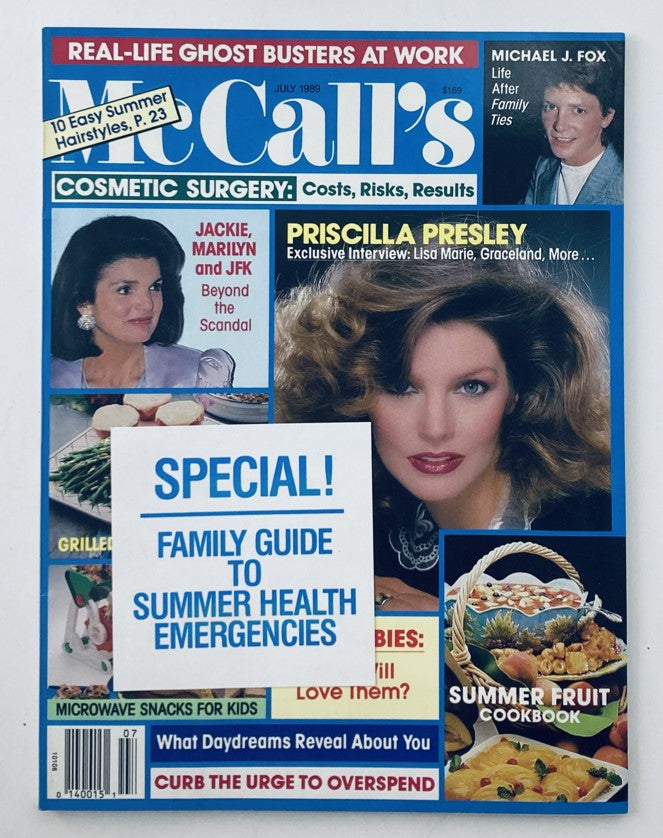 Cover of VTG McCall's Magazine July 1989 featuring Priscilla Presley and Jackie Kennedy highlighting articles on cosmetic surgery and summer health emergencies.