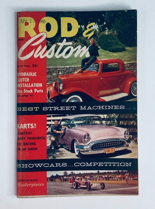 Cover image of VTG Rod & Custom Magazine June 1960 featuring a classic red car and a vintage layout highlighting hydraulic clutch installation and best street machines.