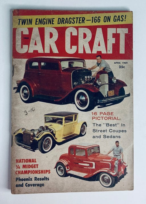 VTG Car Craft Magazine April 1959 Vol 6 No. 12 featuring classic cars on the cover, showcasing the National ¼ Midget Championships and Phoenix results.