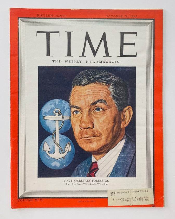 VTG Time Magazine from October 29, 1945, featuring Navy Secretary James V. Forrestal on the cover, Volume 46, Number 18, highlighting historical significance post-World War II.